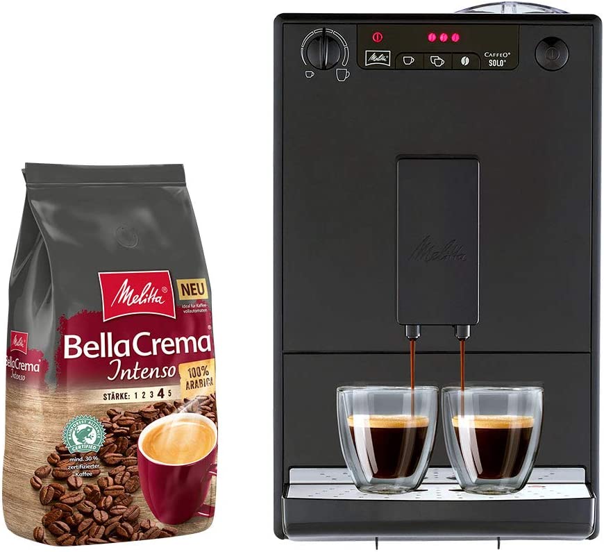Melitta Caffeo Solo E 950-222 Fully Automatic Coffee Machine Pure Black + Melitta BellaCrema Intenso Whole Coffee Beans