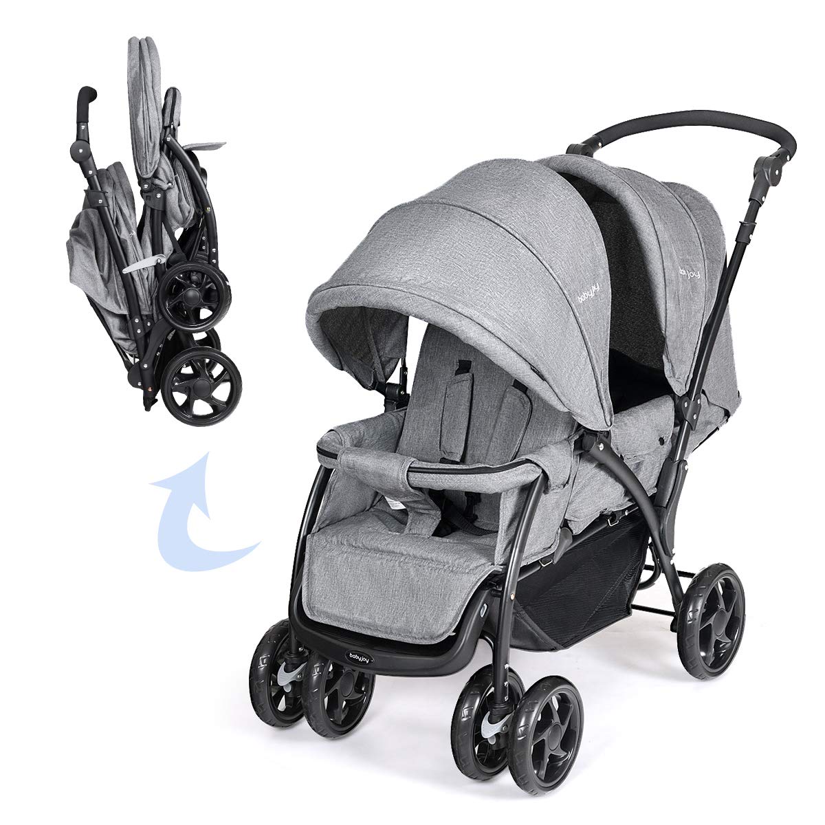 DREAMADE Twin Pushchair 2 in 1, Double Pushchair for Baby and Toddler, Foldable, Baby Pram with Double Seat, Pushchair for 2 Children, Grey