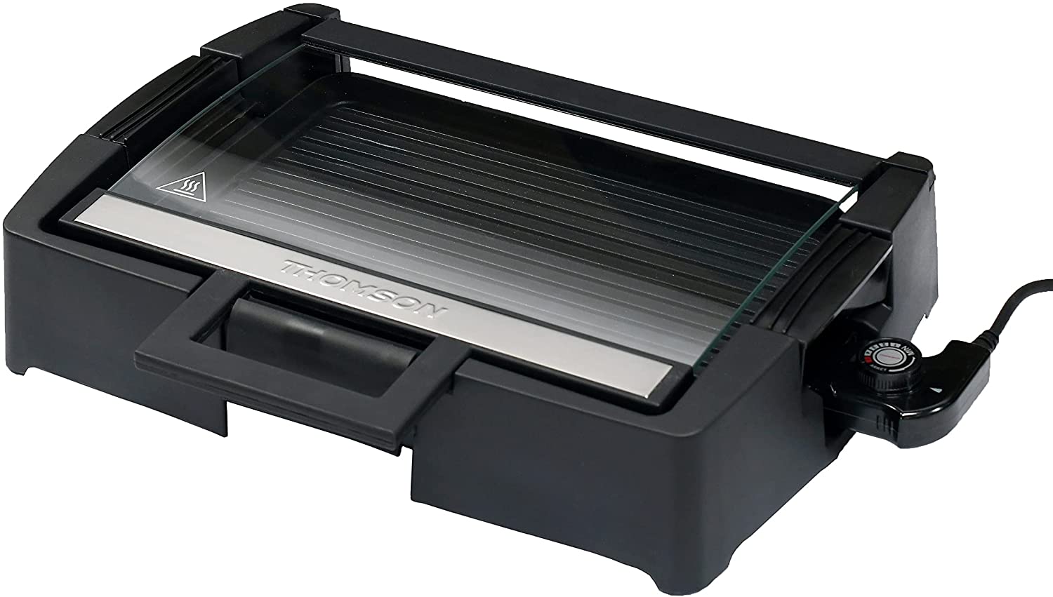 THOMSON Electric BBQ Table Grill with Glass Lid, Electric Grill with Teflon Coating, Grill Plate 1500 Watt, Adjustable Thermostat, Black/Grey