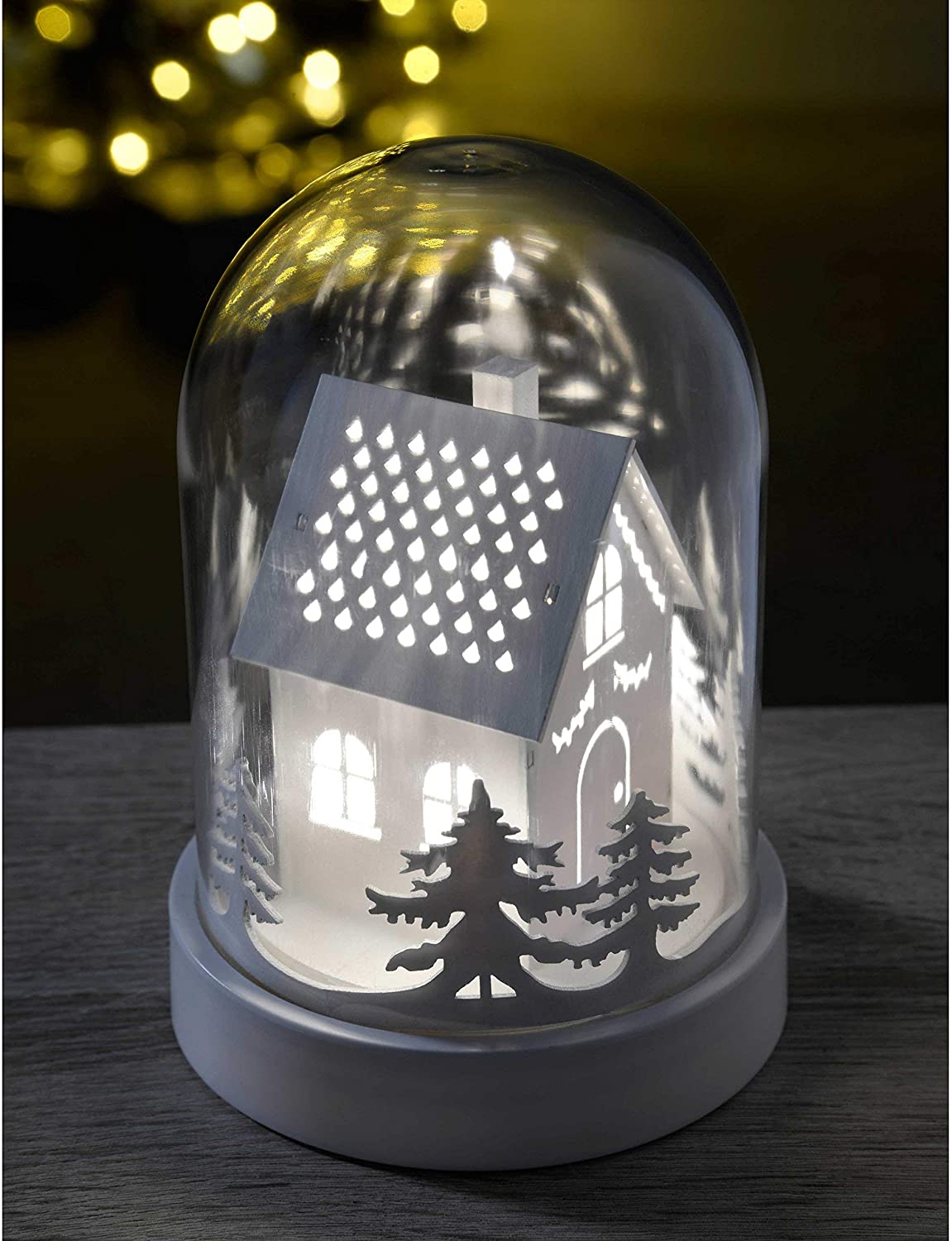 WeRChristmas House Bell Jar Warm LED Christmas Decoration, Wood, 18 cm, White