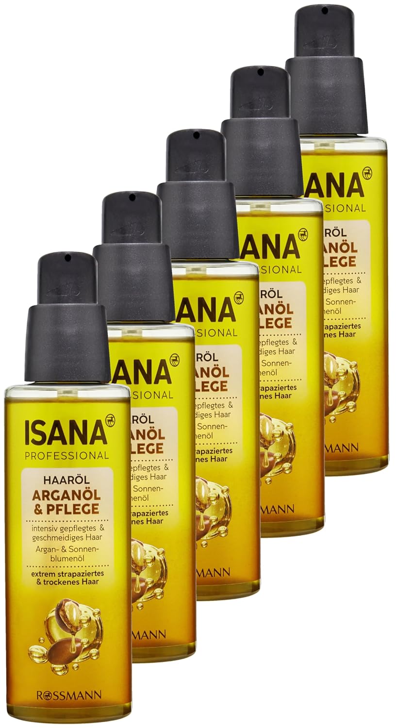 ISANA PROFESSIONAL Hair Oil Argan Oil & Care, 500 ml (5 x 100 ml) - Stressed & Dry Hair - Care Oil Contains Argan & Sunflower Oil