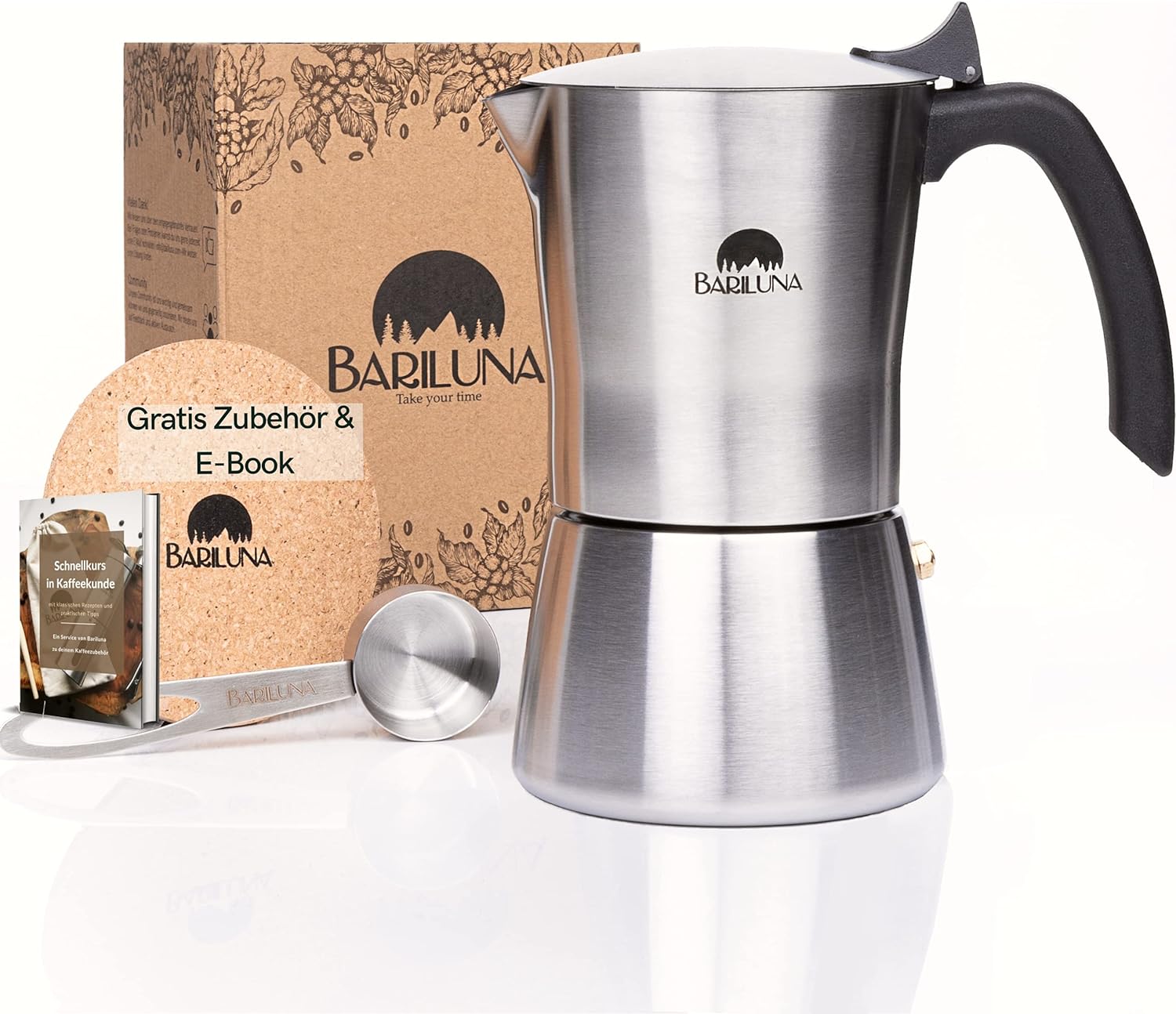 Bariluna® Premium Stainless Steel Espresso Maker, Suitable for Induction Cookers, 4-6 Cups Espresso, 150-300 ml Mocha Cooker, Camping Stove, Coffee Maker with Accessories, Aluminum Free for Coffee (6