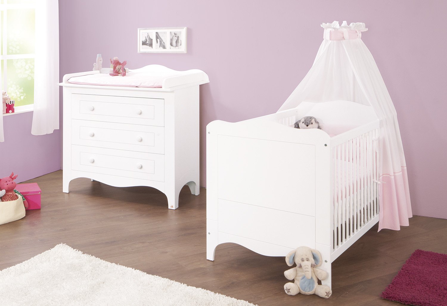 Pinolino Set Fleur Broad, 2-Piece, Cot Bed (140 x 70 cm) and Wide Changing Table with Nappy Changing Table Matt White Stainless (Item No. 09 34 72 W)