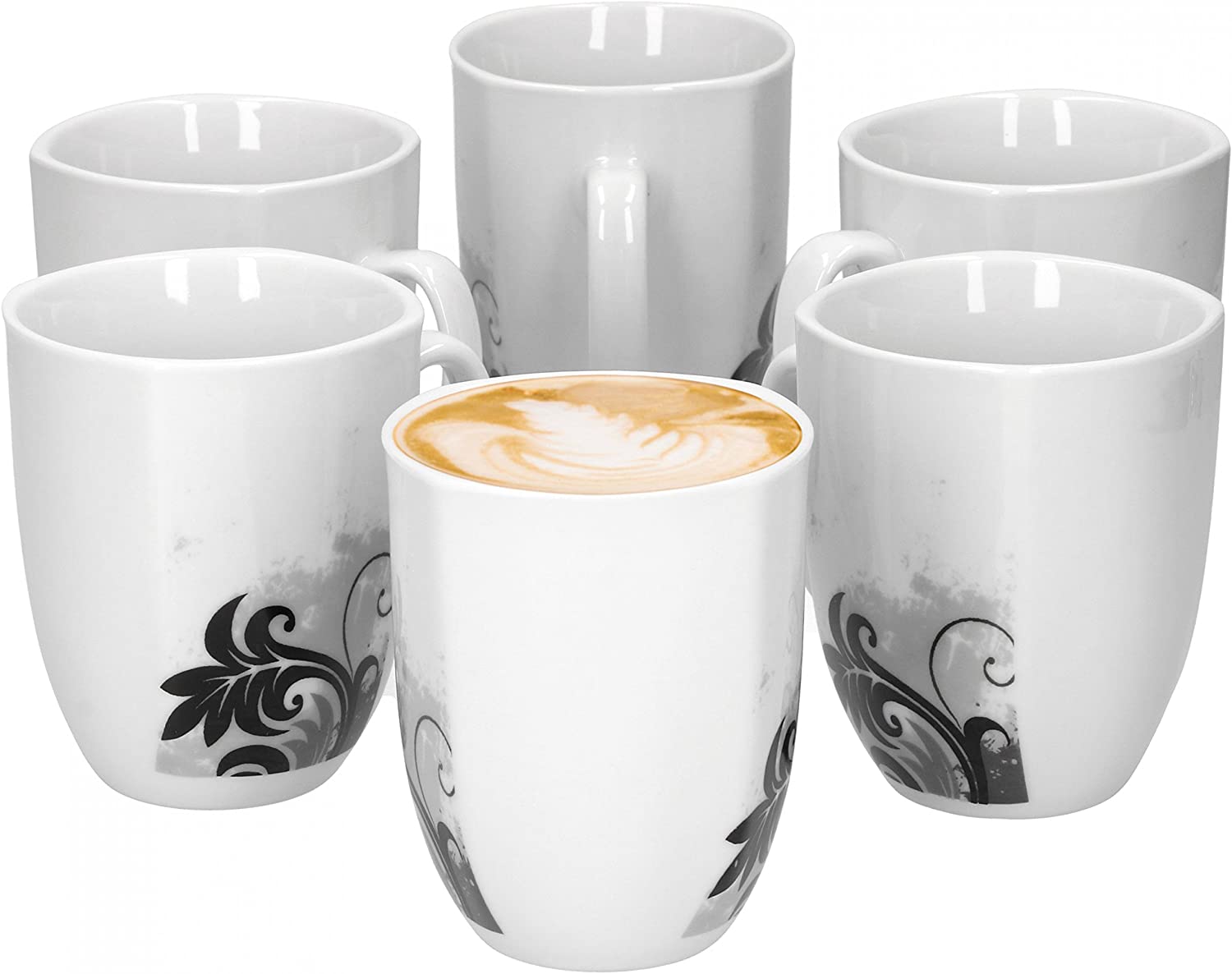 Van Well Set of 6 Black Flower Coffee Mugs, 300-350 ml, Jumbo Cup, Pot, XL Cup, Elegant Porcelain Mug for Coffee and Tea, Gastro