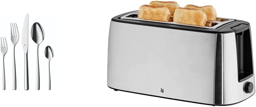WMF Boston Cutlery Set for 12 People, Cutlery 60 Pieces & Bueno Pro Toaster Long Slot with Bun Attachment, 4 Slices, XXL Toast, Scoop Function, 6 Browning Levels, 1550 W, Matte Stainless Steel