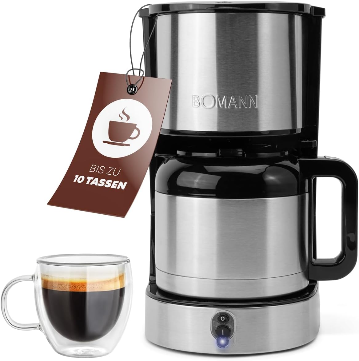 Bomann® Coffee machine with thermos flask for 8-10 cups of coffee (approx. 1.2 litres), filter coffee machine, stainless steel, double-walled thermos flask, no temperature loss, coffee machine 800 W,