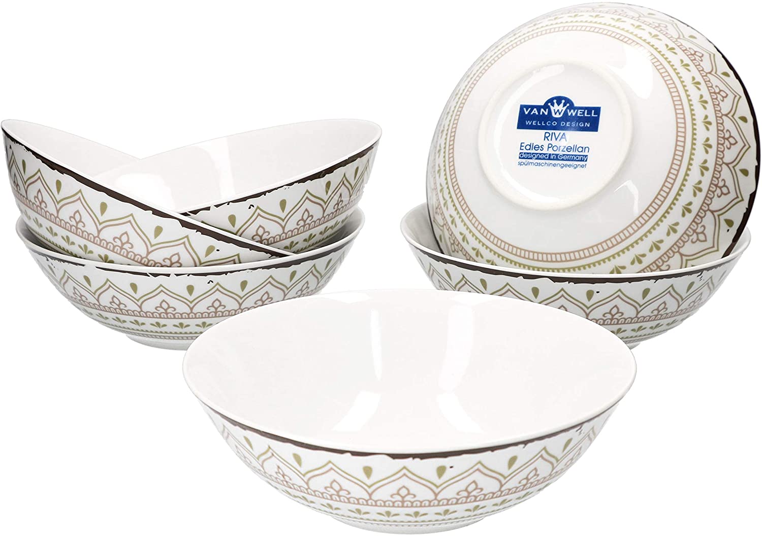 Van Well Riva Set of 6 Cereal Bowls - Robust Porcelain Bowls - Modern Country House Style I Suitable for Microwave & Dishwasher - Soup Bowl & Salad Bowl I Cereal Bowl Colourful 6 Pieces