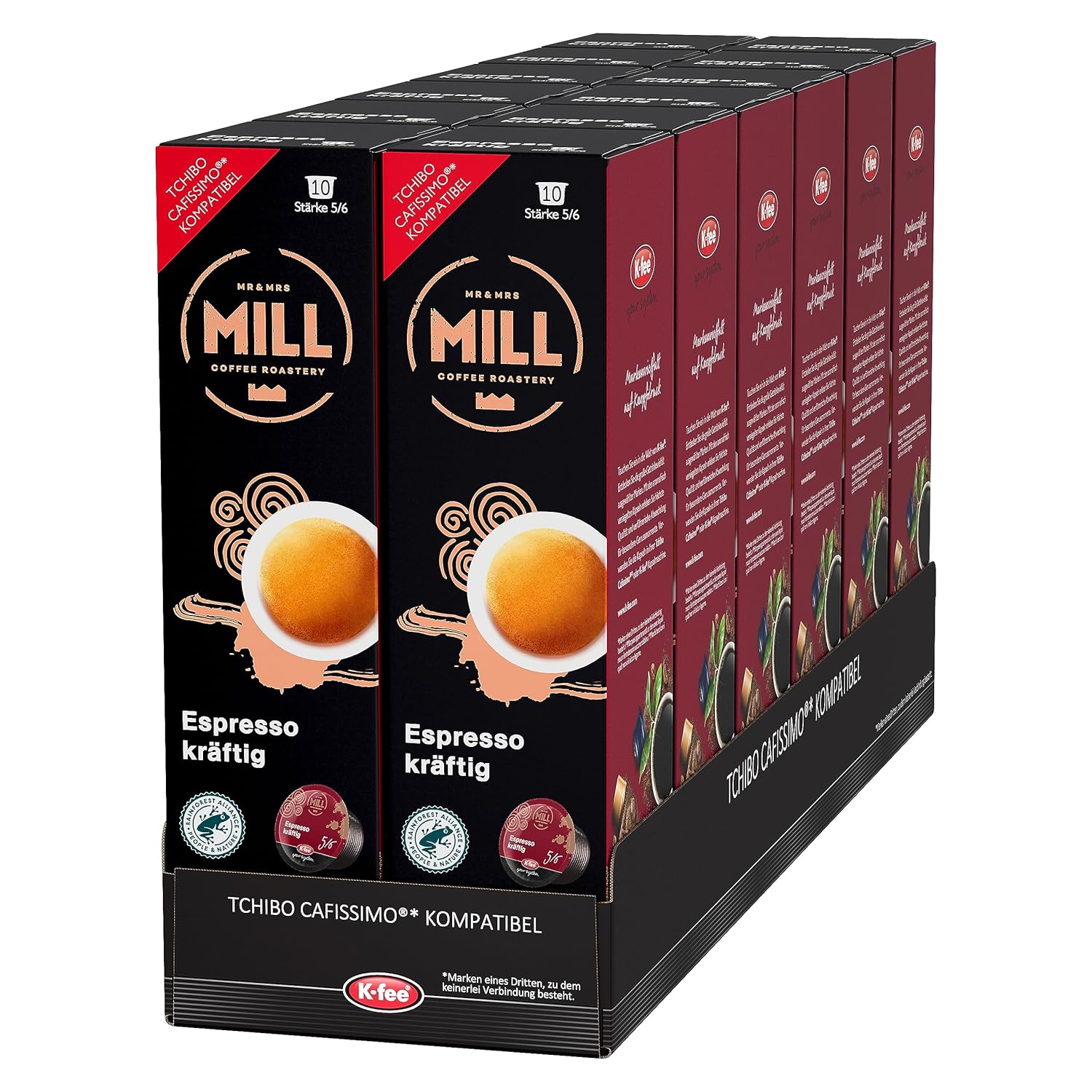 Mr & Mrs Mill Coffee Capsules Espresso Powerful, Strength 5/6, Compatible with K-fee & Tchibo Cafissimo*, Rainforest Alliance Certified, 120 Capsules (12 x 10)
