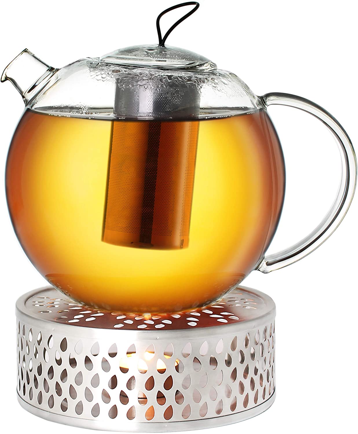Creano Glass teapot 2.0 l jumbo + a stainless steel warmer, 3-piece glass teapot with integrated stainless steel strainer and glass lid, ideal for preparing loose teas, drip-free