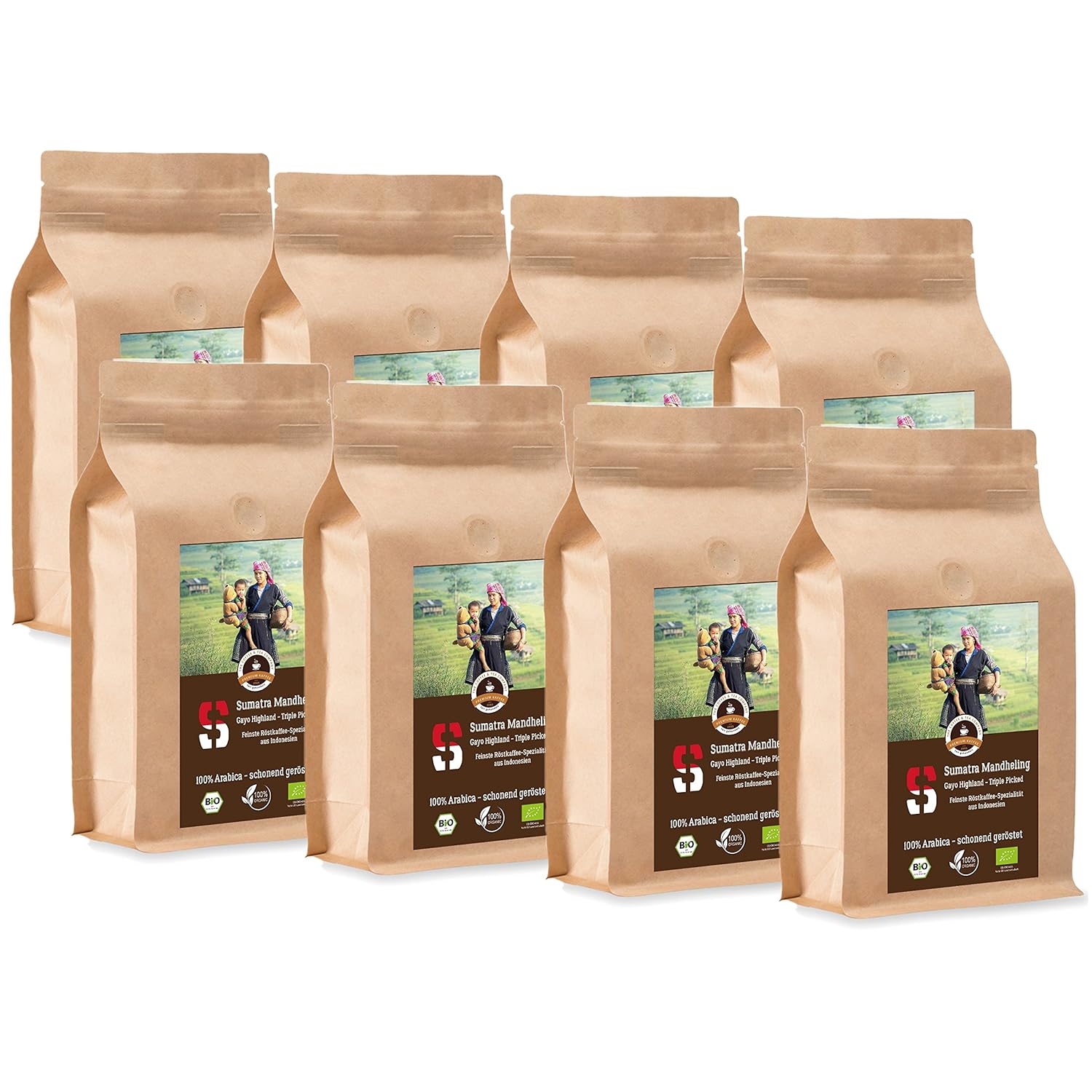 Coffee Globetrotter - Sumatra Mandheling Gayo Highland - Organic - 8 x 1000 g Very Fine Ground - for Fully Automatic Coffee Grinder - Roasted Coffee from Organic Cultivation | Gastropack Economy Pack