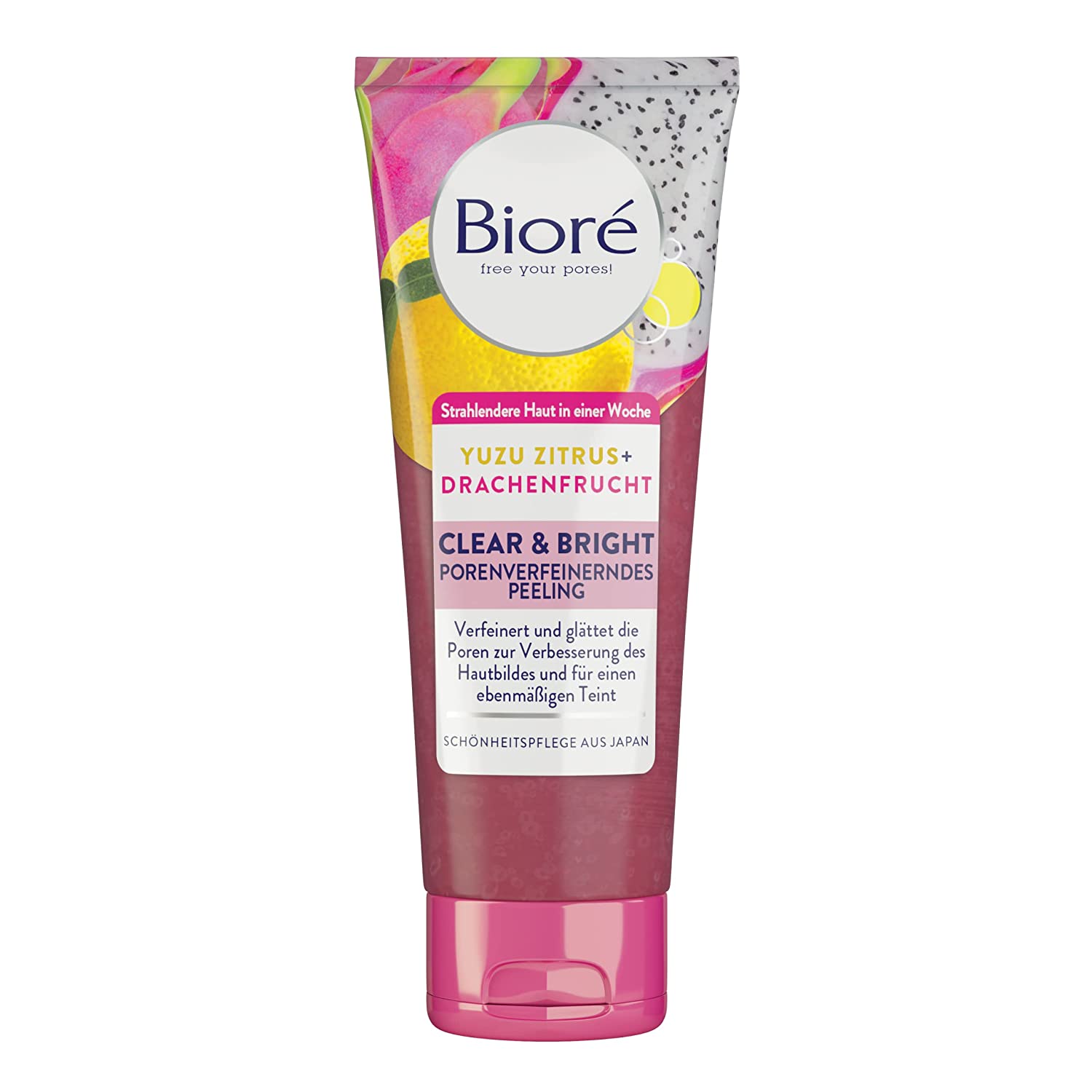 Biora Bioré Clear and Bright Pore Refining Scrub 100 ml with Yuzu Citrus and Drag, ‎pink