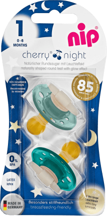 NIP Pacifier Cherry Night Latex Turquoise Gr. 1, 0 - 6 Months, 2 pcs