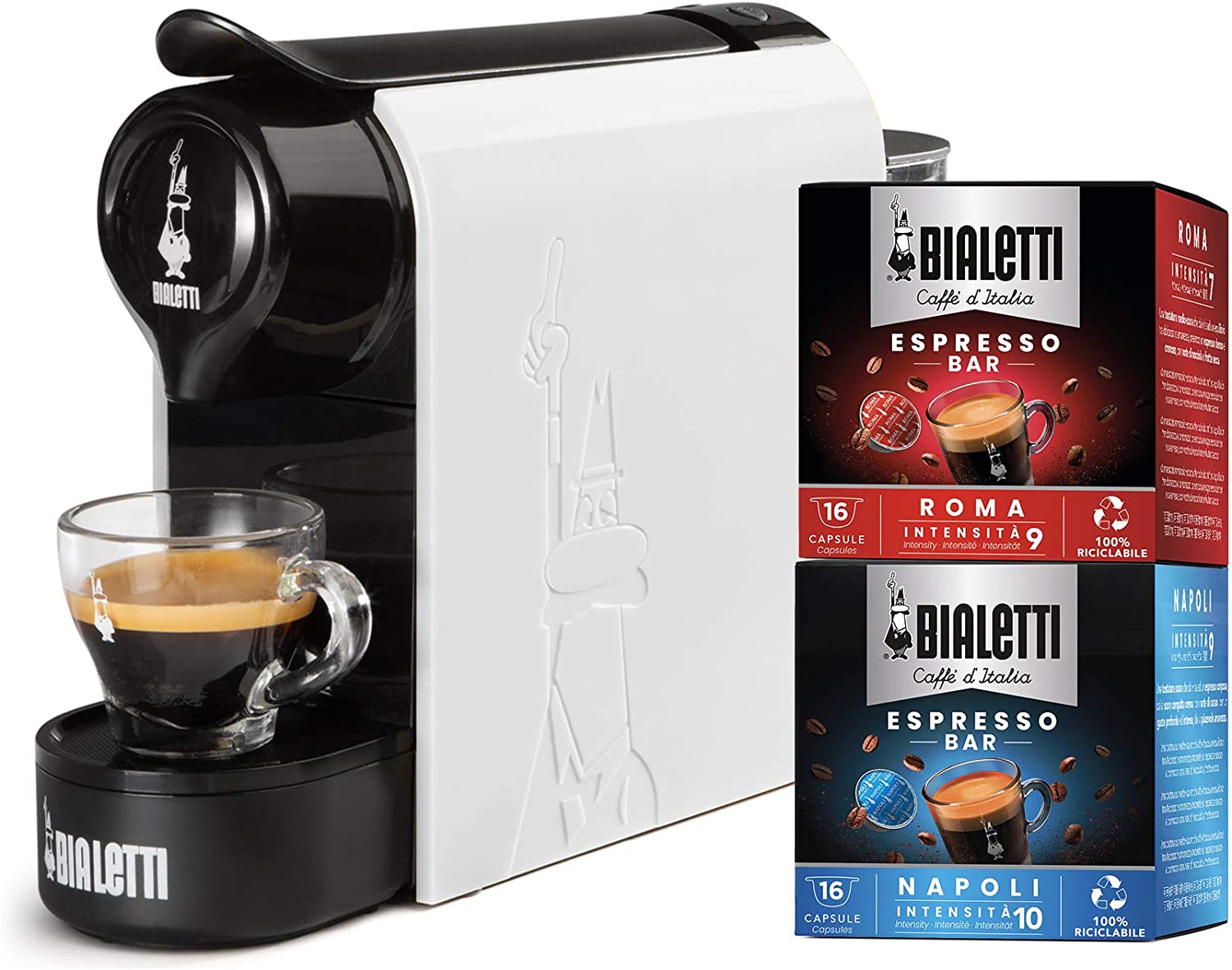 Bialetti Gioia Espresso Machine for Capsules Made of Aluminium, Includes 32 Capsules, Super Compact, Tank 500 ml, White