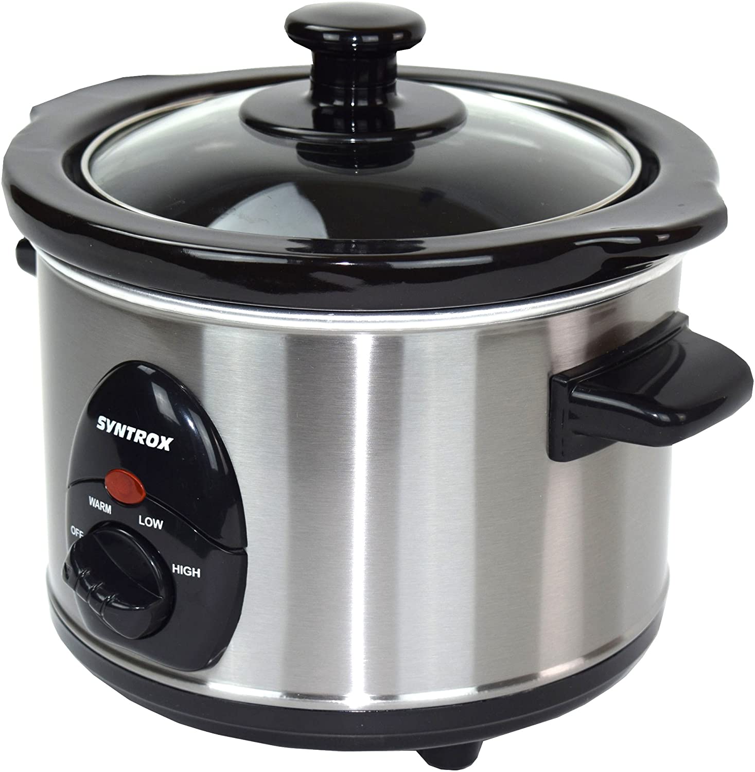 Syntrox Germany 1.5 litre stainless steel slow cooker with warming function, safety glass and removable ceramic bowl, slow cooker