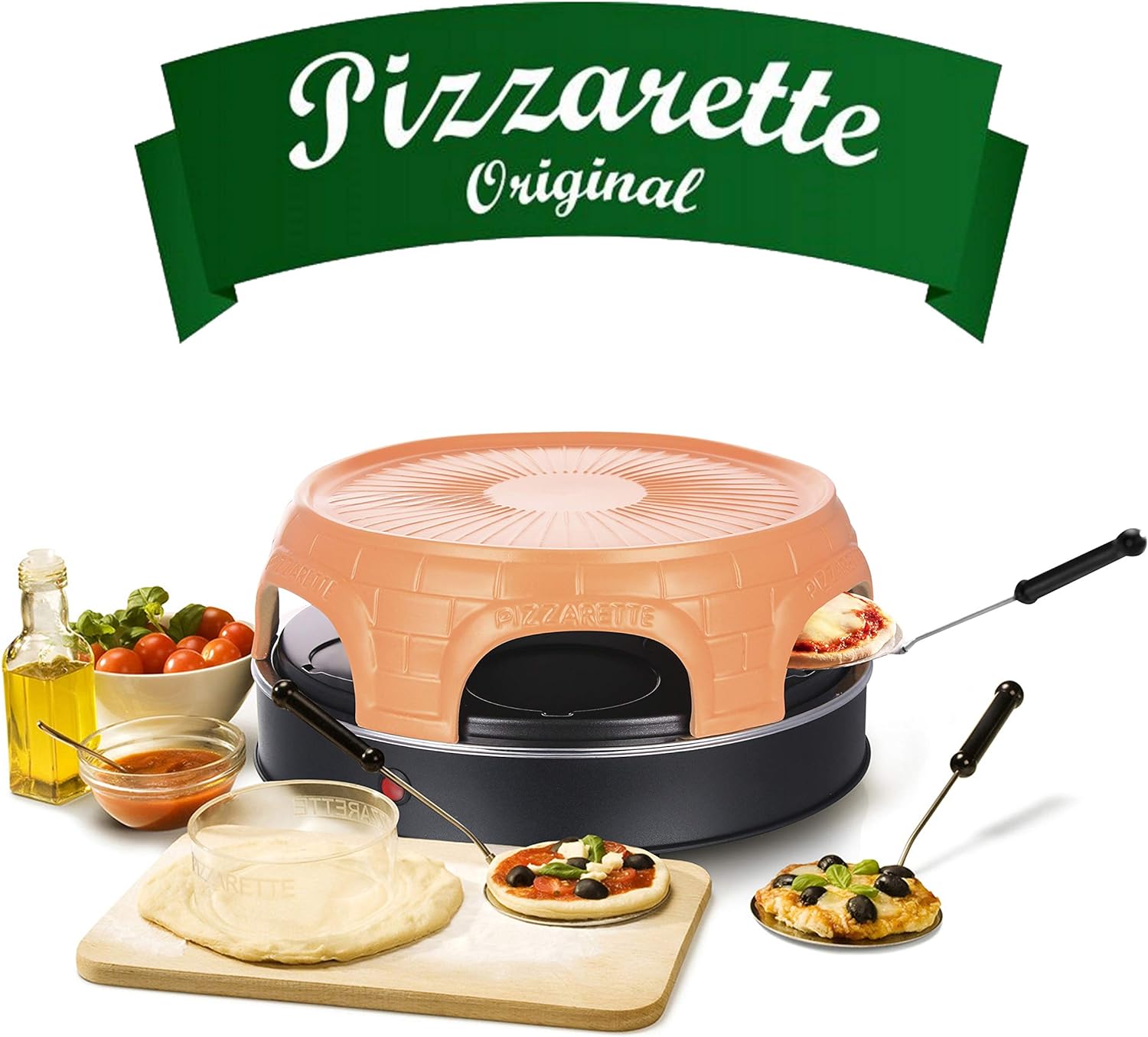 Emerio pizza oven, PIZZARETTE the original, handmade terracotta clay hood, patented design, for mini pizza, real family fun for 6 people, PO-115848