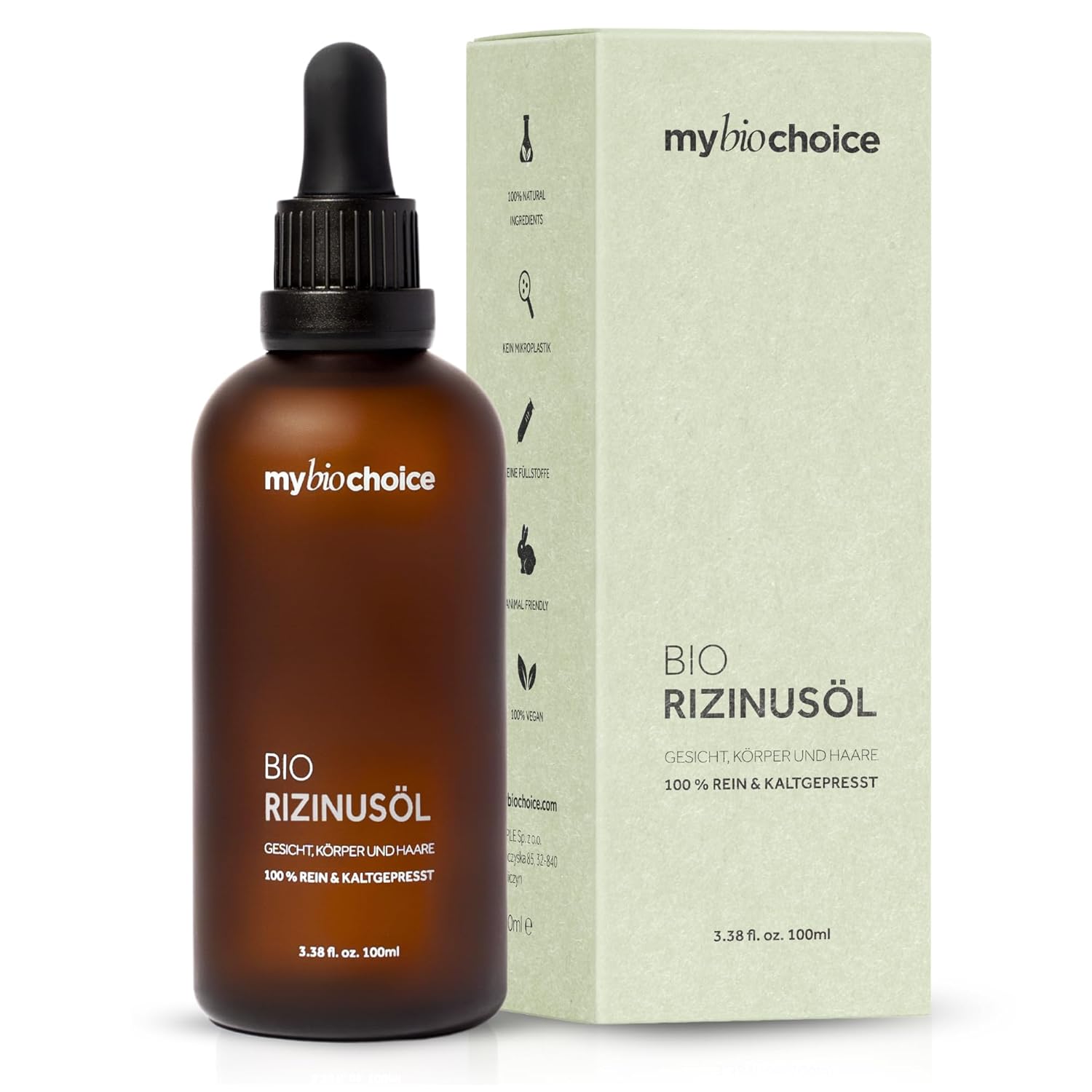 mybiochoice Organic Castor Oil 100 ml - 100% Natural, Cold Pressed, Hexane-Free - Care Oil for Nails, Eyelashes, Eyebrows & Hair Growth - As a Carrier Oil & Massage Oil for Dry Skin