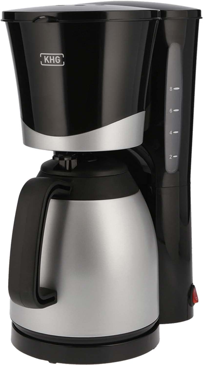 KHG TKA-101SS Plastic / Metal Coffee Machine in Black / Silver With Thermos Flask 1 Litre Capacity for 8 Cups Removable Permanent Filter Water Level Indicator Drip Stop