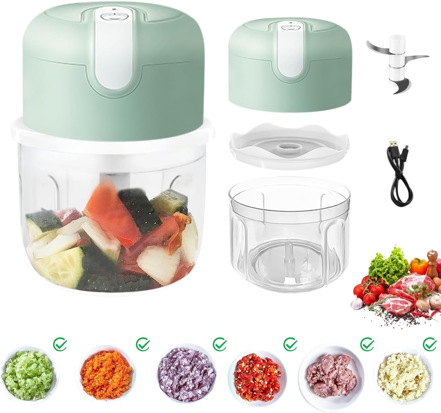 Nizirioo Mini Electric Chopper, 250 ml Battery Mini Chopper, Kitchen Electric Chopper with USB Port, Garlic Chopper, Mini Onion Cutter, for Onion Vegetables, Fruits, Nuts (Light Green)