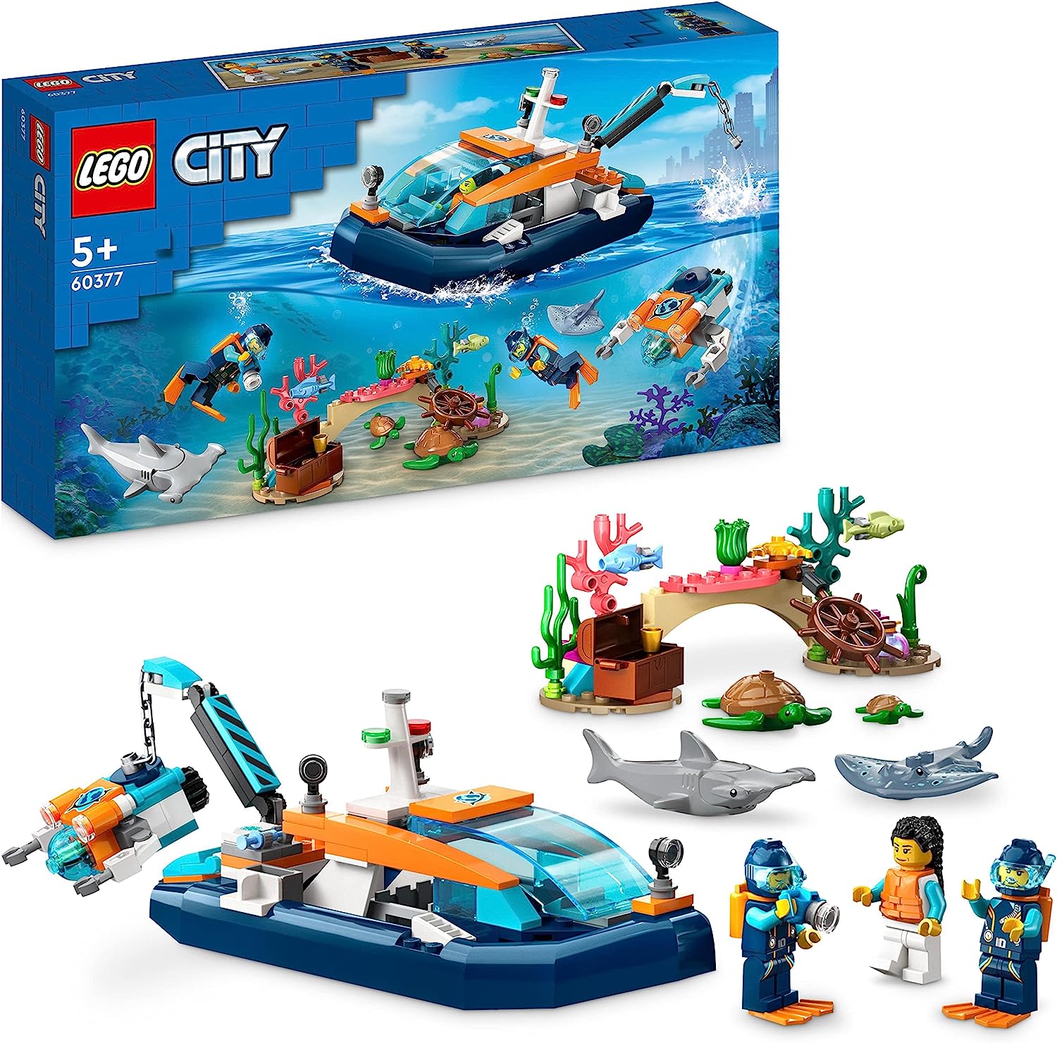 LEGO 60377 City Sea Explorer Boat Toy, Set Includes One Coral Reef, One Submarine, 3 Mini Figures and Mantaroons, Sharks, Crabs and 2 Turtles, Sea Animals Figures for Children from 5 years