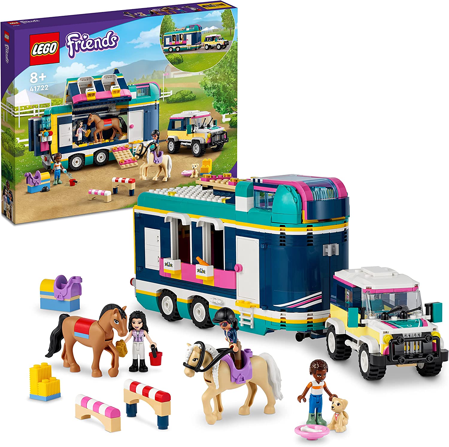 LEGO 41722 Friends Horse Trailer with Toy Car, 2 Horses as Animal Figures and Riding Accessories, Set for Children from 8 Years