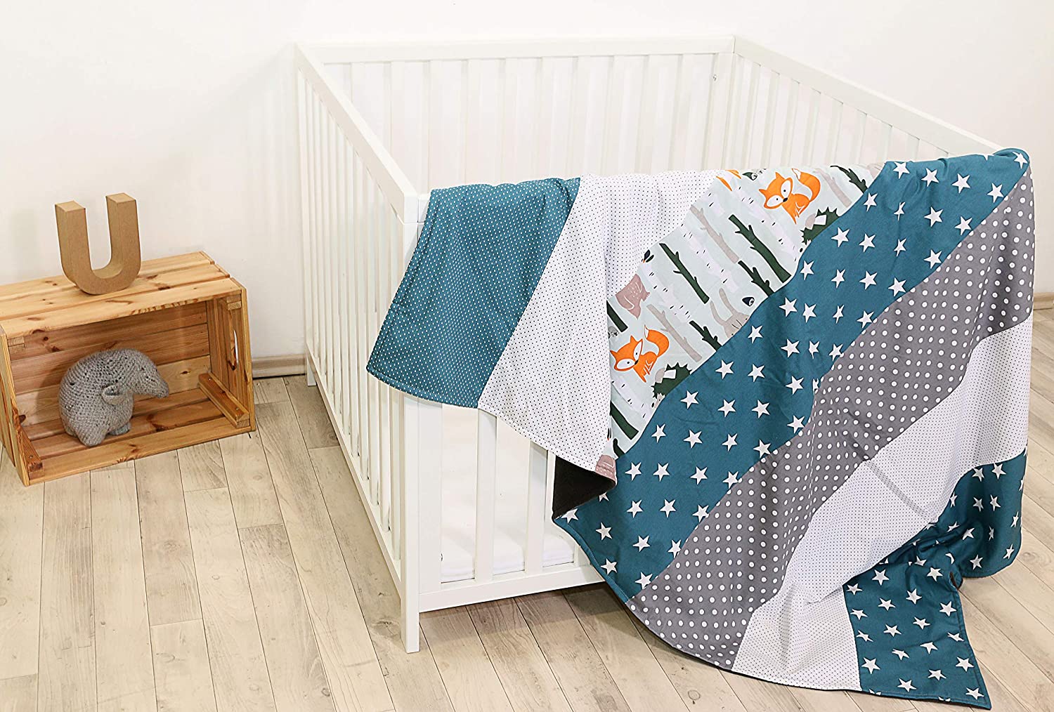 ULLENBOOM® Baby Blanket made of ÖkoTex Cotton and Fleece, Ideal as a Pram Blanket or Play Blanket, 70 x 100 cm & 100 x 140 cm and Made in the EU, Design: Stars, Dots, Patchwork 70 x 100 cm Forest Animals Petrol