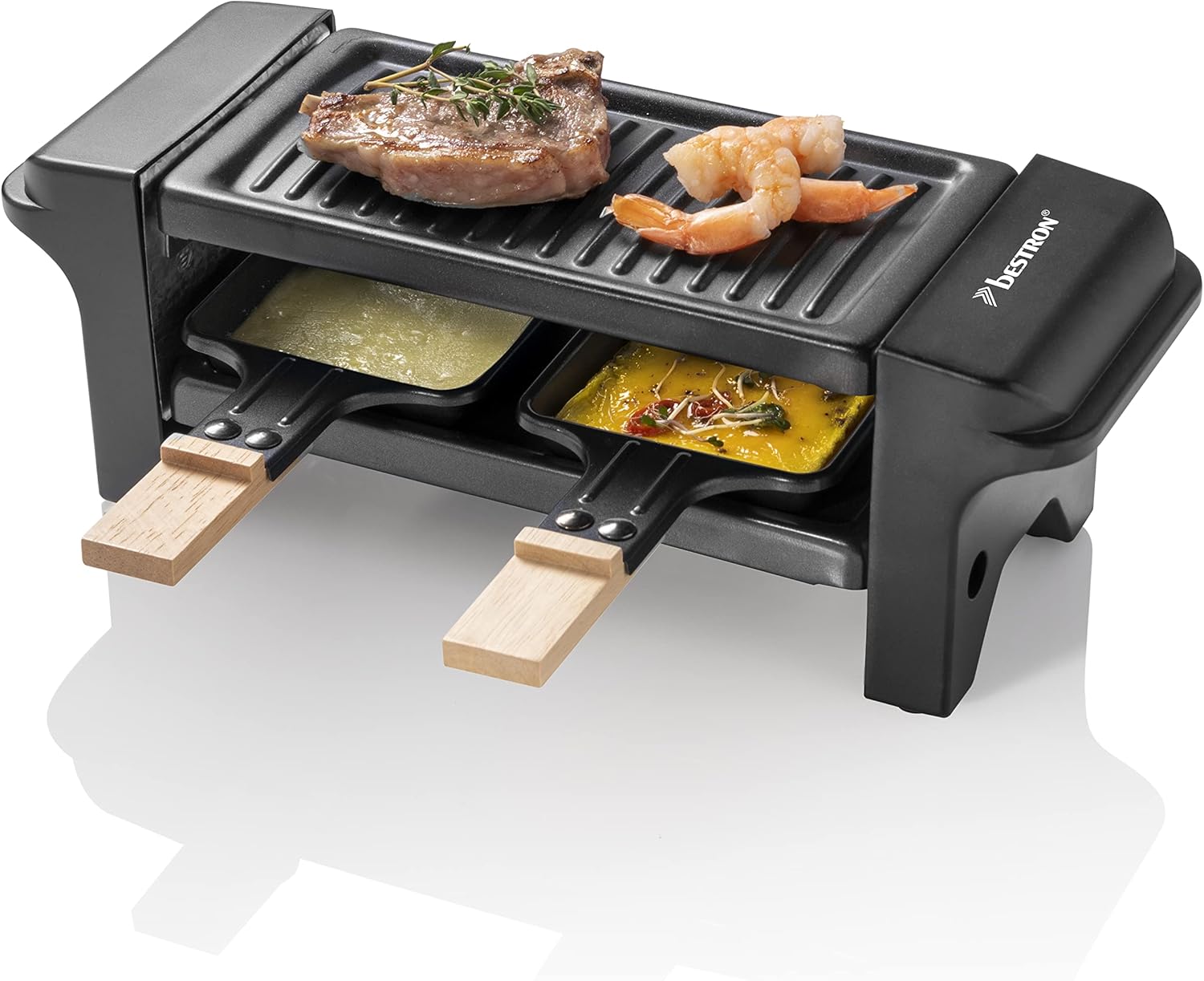 Bestron Raclette for 1 to 2 People, Mini Table Grill with Two Pans, Two Wooden Scrapers and Two Coasters, 350 Watt, Colour: Black