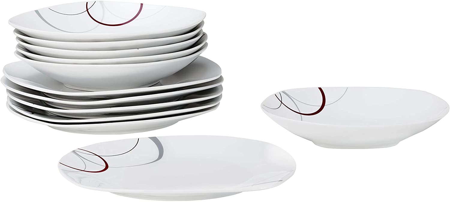 Palazzo Dinner Service 12 Pieces White with Decorative Circles in Grey and Dark Red for 6 People