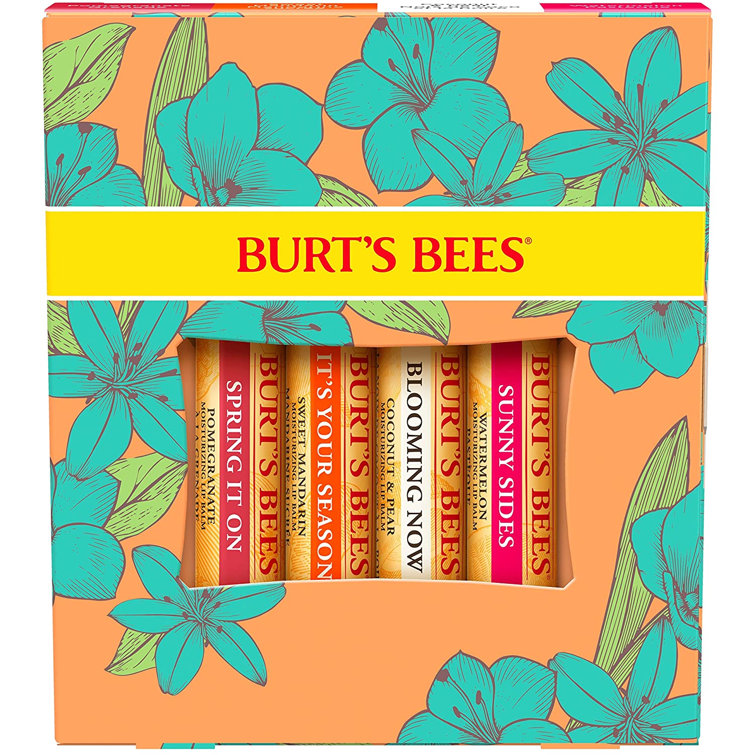 Burt \ 's Bees lip Balm Easter basket Stuffers, Nourishing Lip Care Gifts for All -Day Hydation, Just Picked Set - Pomegranate, Watermelon, Sweet Mandarin & Coconut and Pear, Pack of 4 (Packaging May Vary)