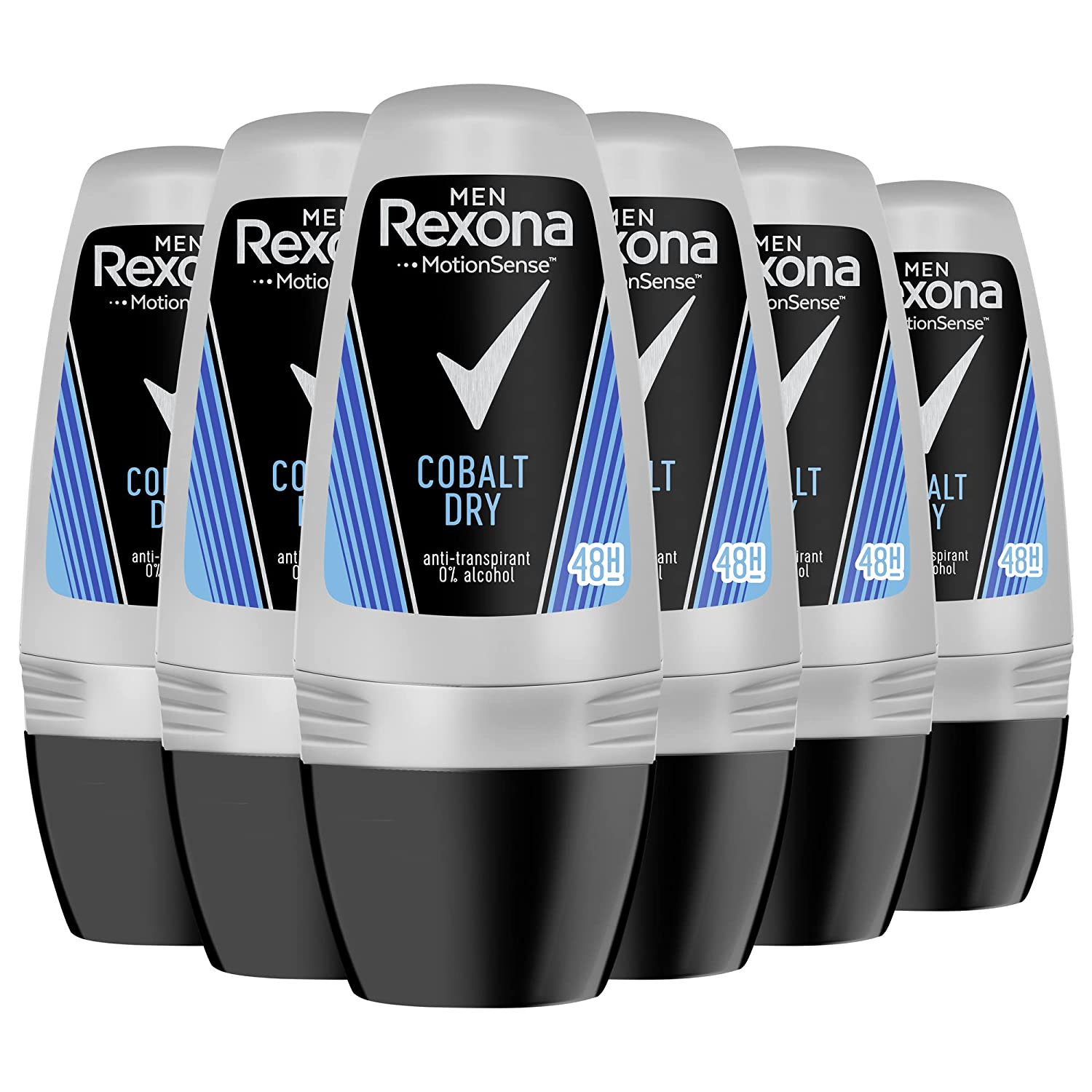 Rexona Men MotionSense Roll-On Deodorant Cobalt Dry Antiperspirant with 48 Hour Protection Against Body Odour and Underarm Wetness 50 ml Pack of 6