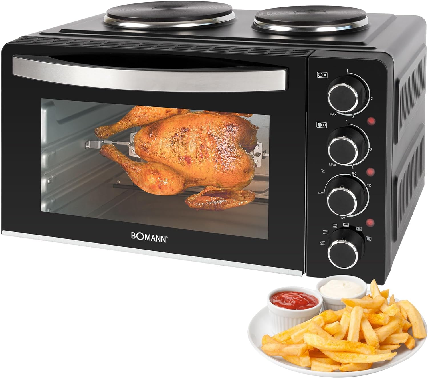 Bomann® KK 6059 CB Mini Oven with Hotplates and Rotisserie | Cooking and Baking Simultaneously | Mini Oven 28 L Convection Top / Bottom Heat 100° - 230°C | Electric Mini Oven 3100 Watt Including