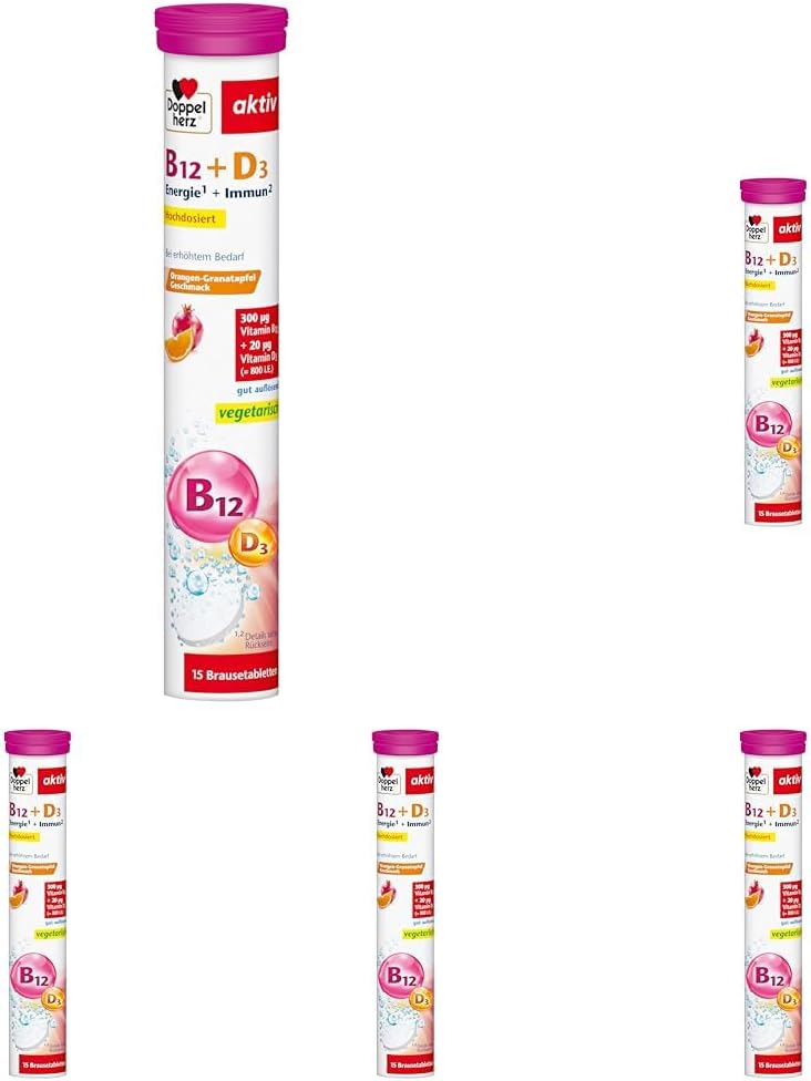 Doppelherz Vitamin B12 + D3 - High Dose with 300 μg Vitamin B12 and 800 IU Vitamin D3 for Normal Function of the Immune System - 15 Effervescent Tablets (Pack of 5)