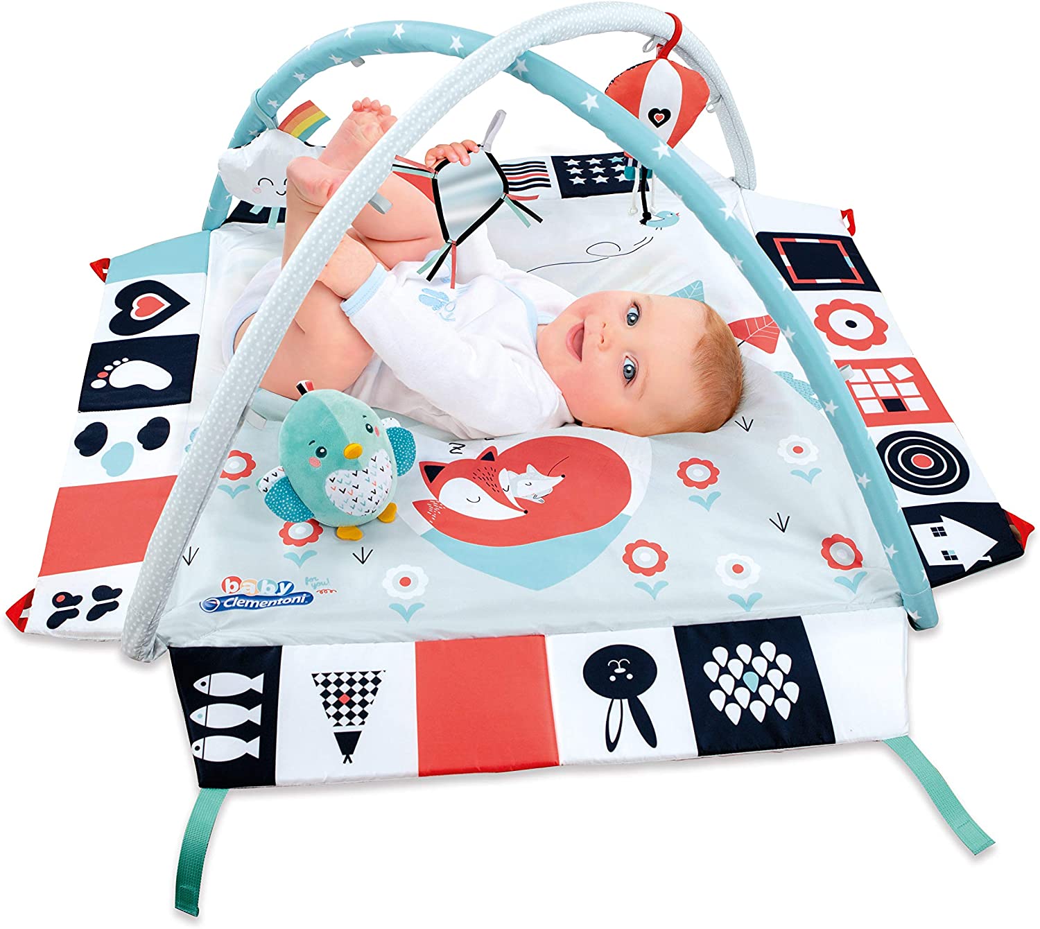 Clementoni 17319 Black & White Play Trainer, Play Arch with Crawling Mat for Babies, Activity Centre for Development of Senses, Play Trapeze with Cute Figures, Ideal as Easter Gift