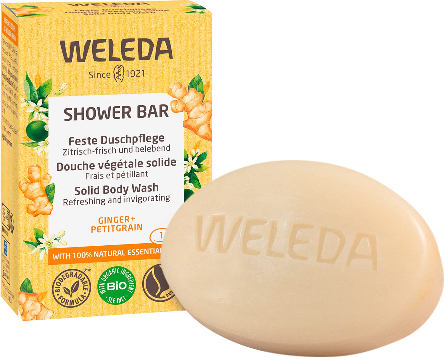 WELEDA Organic Shower Bar Ginger & Petitgrain - Solid Natural Cosmetics Shower Gel with Invigorating Fragrance and Creamy Soft Foam Solid Shower Soap Vegan and Plastic Free for Men & Women (1 x 75 g)