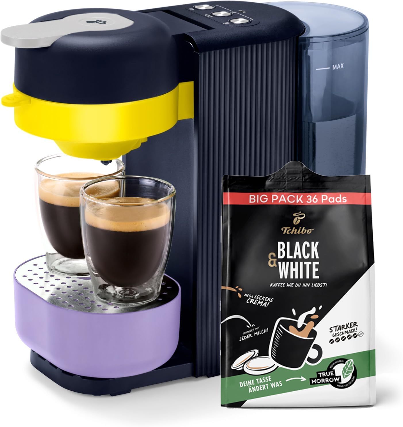 Tchibo \"Call Me Pad\" Coffee Pod Machine with 36 Black & White Pads, with To-Go Cup Button, for 2 Cups, Quick and Quiet, Automatic Shut-Off Function, Hybrid Blue