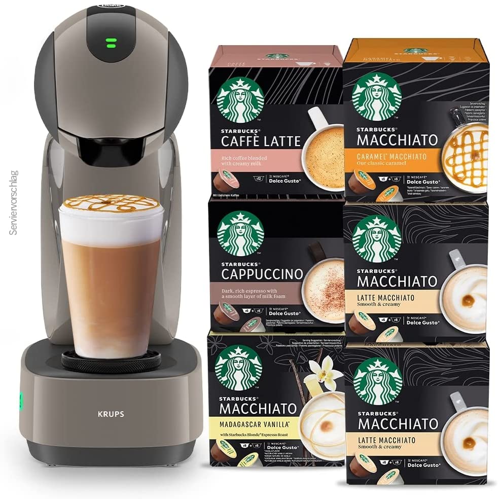 Krups NESCAFÉ Dolce Gusto Infinissima Touch KP270A Coffee Capsule Machine with Touch Display, Taupe + StarBUCKS Milk Sample Pack by Nescafe Dolce Gusto Coffee Capsules Various Varieties (72 Capsules)