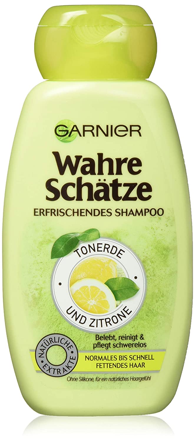 GARNIER True Treasures Shampoo / Intensive Hair Care up to the Tips / Invigorating and Refreshing (with Clay and Lemon - for Normal to Fast Greasy Hair - No Paraben - No Silicone) 1 x 250 ml