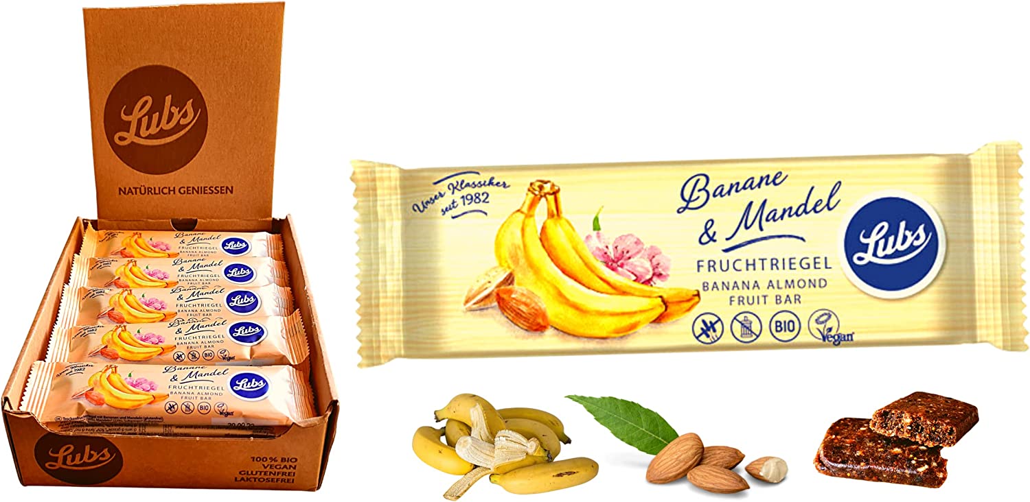 Snack Bag - 10x40g Bio Lubs Fruchriegel Banane&Mandel | Bio&Vegan Riegel| Fruchtriegel mit frischem Obst | aus kontrolliert Biologischen Anbau| Fruchtschnitte