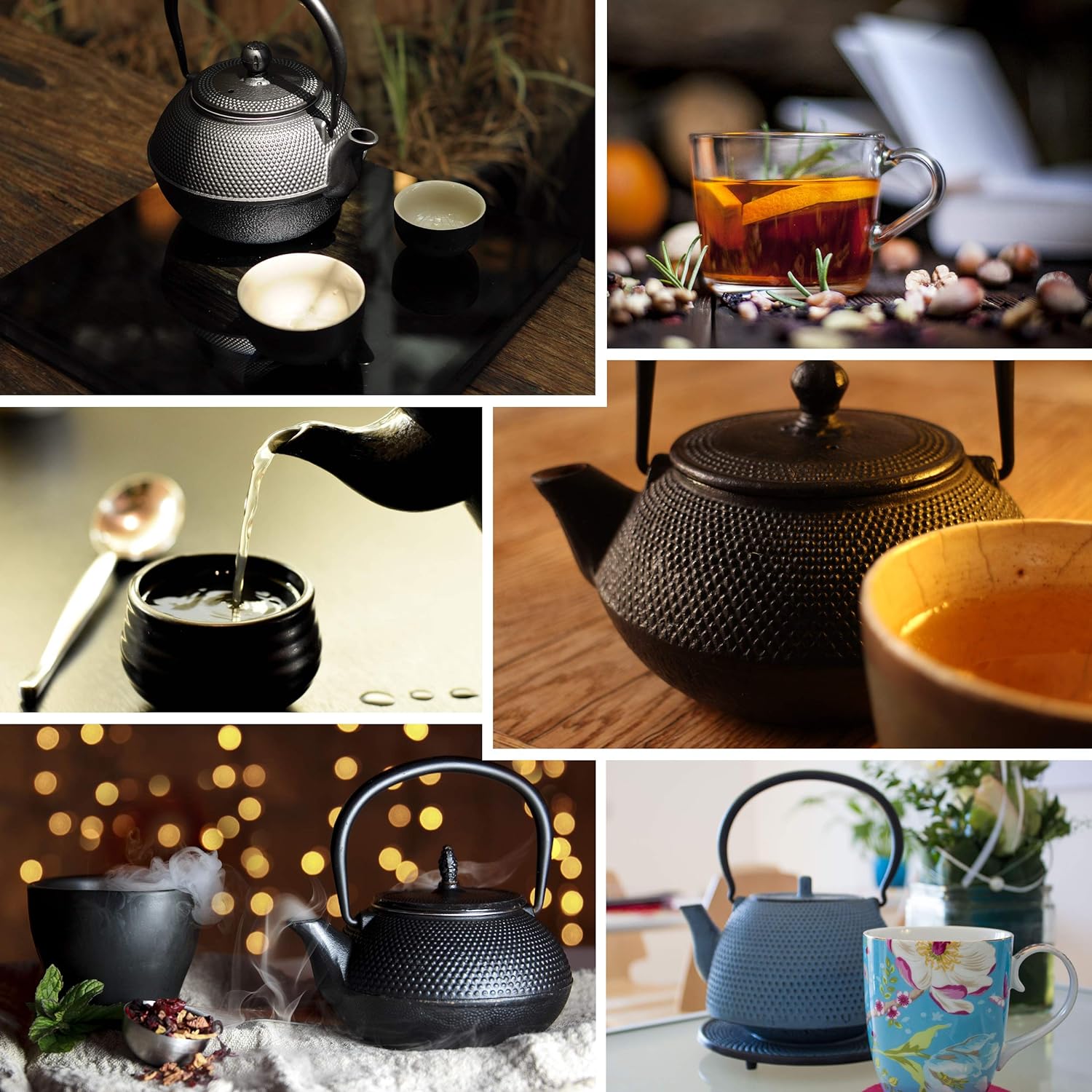 teeblume Cast Iron Teapot Arare Set | Cast Iron Teapot with Strainer | Includes Coaster, 2 Coloured Cups & Gift Box | Fully Enamelled Inside | Black | 900 ml