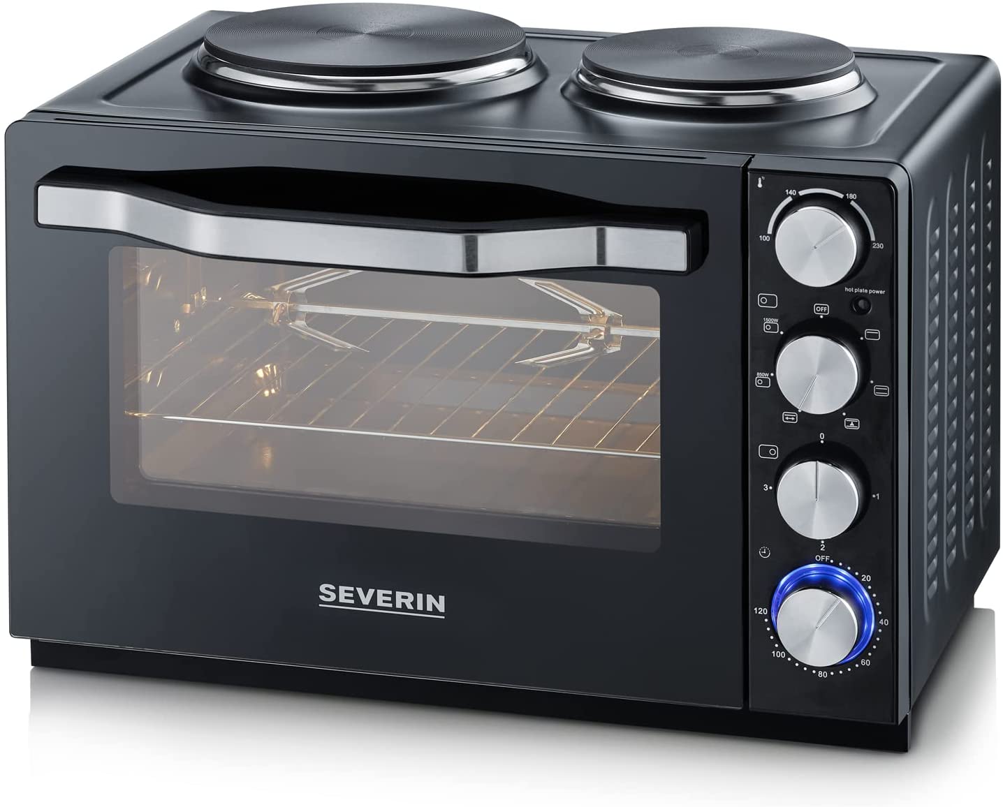 SEVERIN Oven and toast oven with hobs, oven with 30 L cooking chamber capacity, mini oven with hot plates for cooking, grilling and baking, total power 2500 W, black, TO 2074