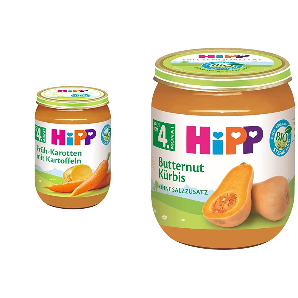 HiPP Früh-Karotten mit Kartoffeln Bio, 6er Pack (6 x 190 g) & Bio Gemüse Reiner Butternut-Kürbis, 6er Pack (6 x 125 g)