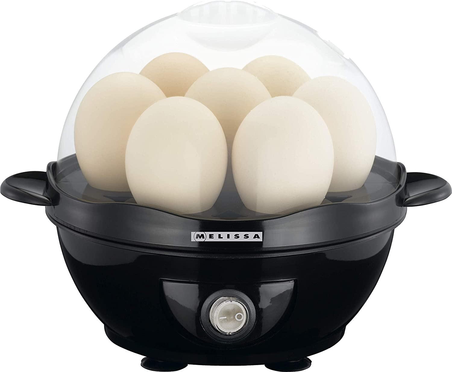 Melissa 16270021 Egg Boiler Ideal for up to 7 People, 7 Eggs, Summer Beep, Black, On/Off Switch