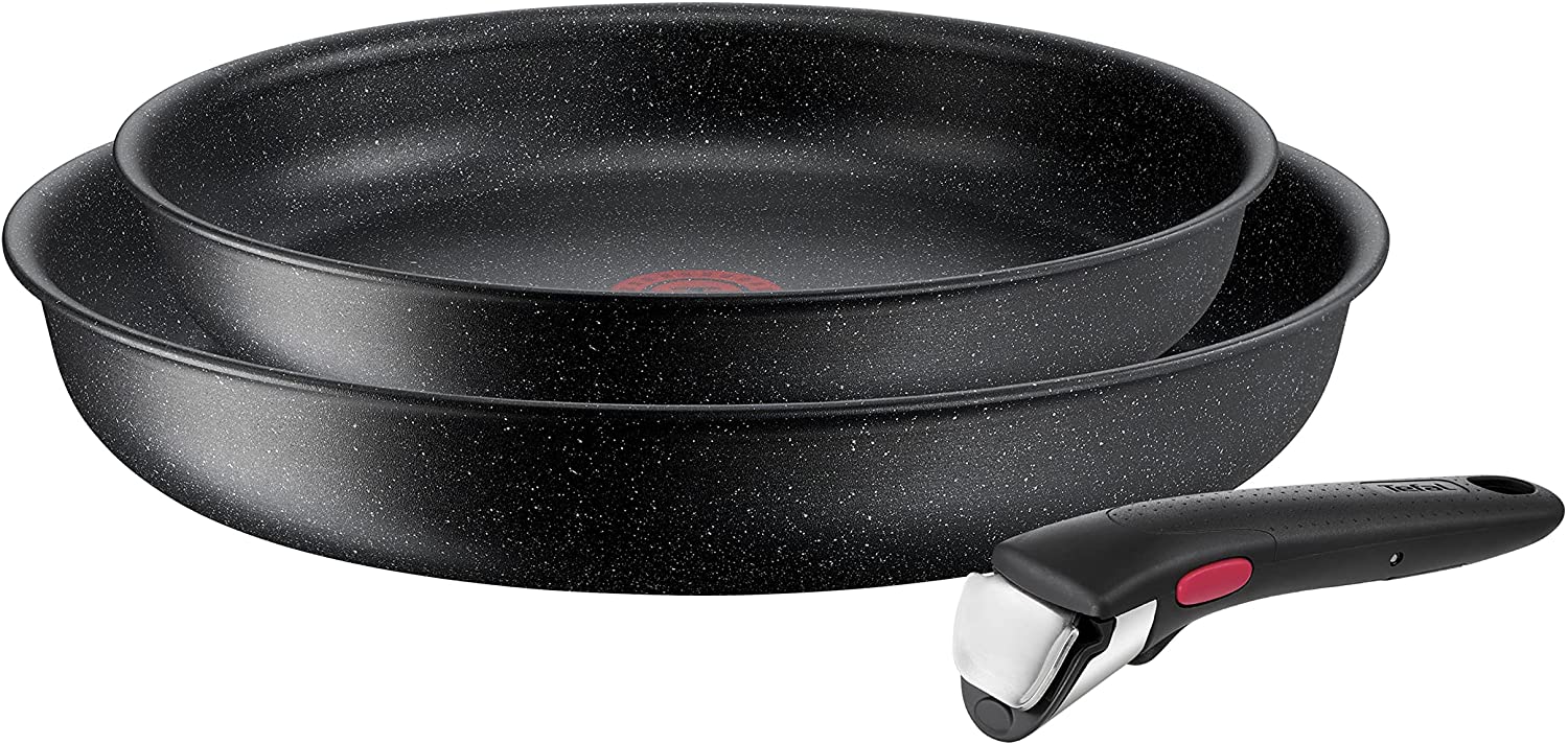 Tefal L39990 Ingenio Black Stone 3-Piece Pan Set | Stackable | Non-Stick Coating | Suitable for Induction Cookers | Thermal Signal Temperature Indicator | Black