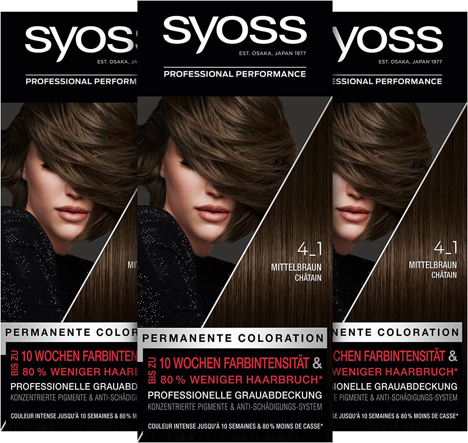 Syoss Colour Coloration 4_1 Medium Brown Level 3 (3 x 115 ml), Permanent Colouration for up to 10 Weeks of Colour Intensity and 70% Less Hair Breakage*, ‎mid-brown