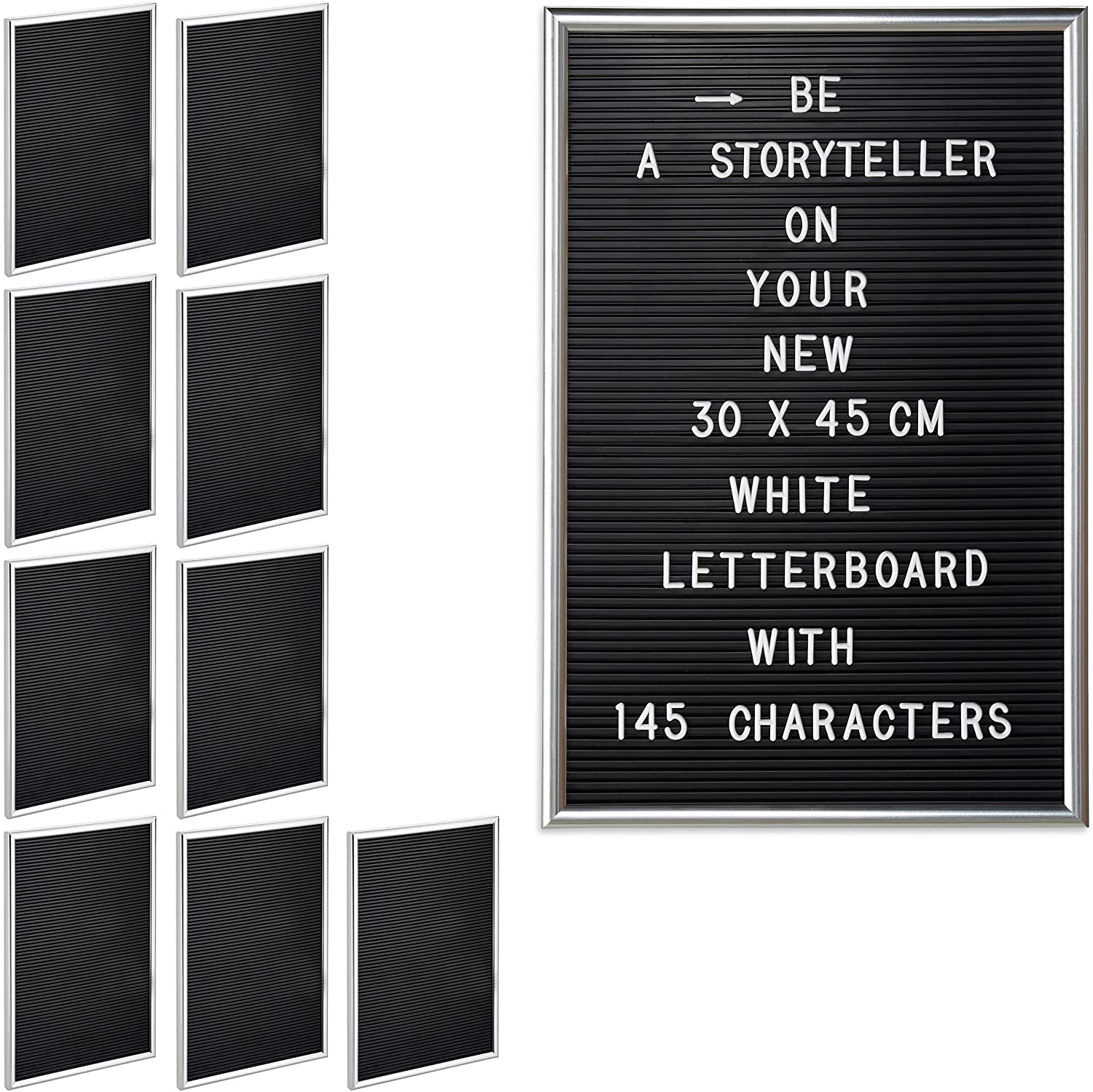 Relaxdays 10 x Letter Board, 145 Letters, Numbers, Special Characters, 45 x 30 cm, Letter Board for Sticking, Plastic, Silver
