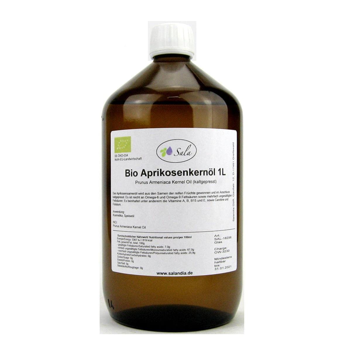 Sala Apricot Kernel Oil Prunus Armeniaca Cold Pressed Organic 1000 ml (1 Litre Glass Bottle)