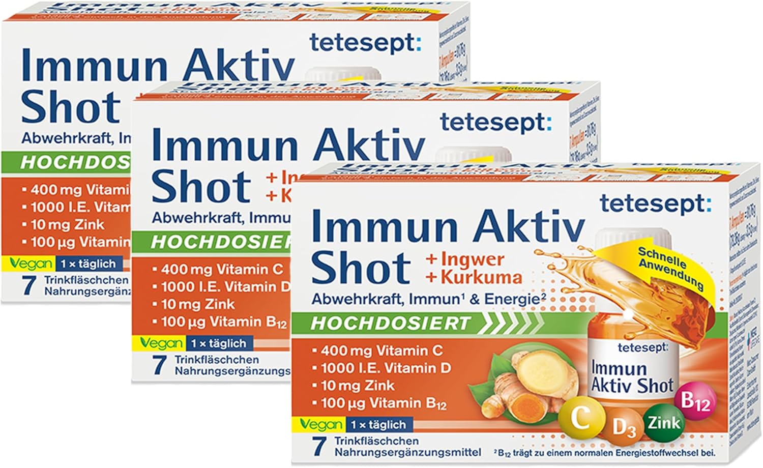 tetesept Immune Active Turmeric Ginger Shot [21 Drinking Bottles] High Dose with Vitamin D, C, B12 and Zinc - Multi-Nutrient Complex for the Immune System