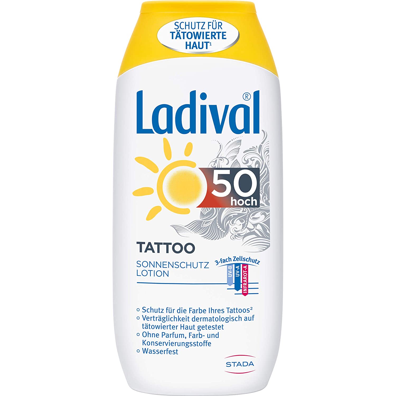 stada Ladival Tattoo Lotion SPF 50 - Protective Sun Lotion for Tattooed Skin - No PEG Emulsifiers, Silicone and Mineral Oil Free - 1 x 200 ml