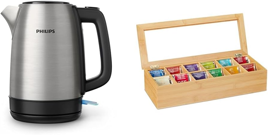 Philips Daily Collection Metal Kettle Spring Lid & Relaxdays Tea Box, Bamboo, 12 Compartments, Tea Box with Viewing Window, Organizer for Tea Bags, H x W x D: approx. 9 x 41 x 16 cm, natural