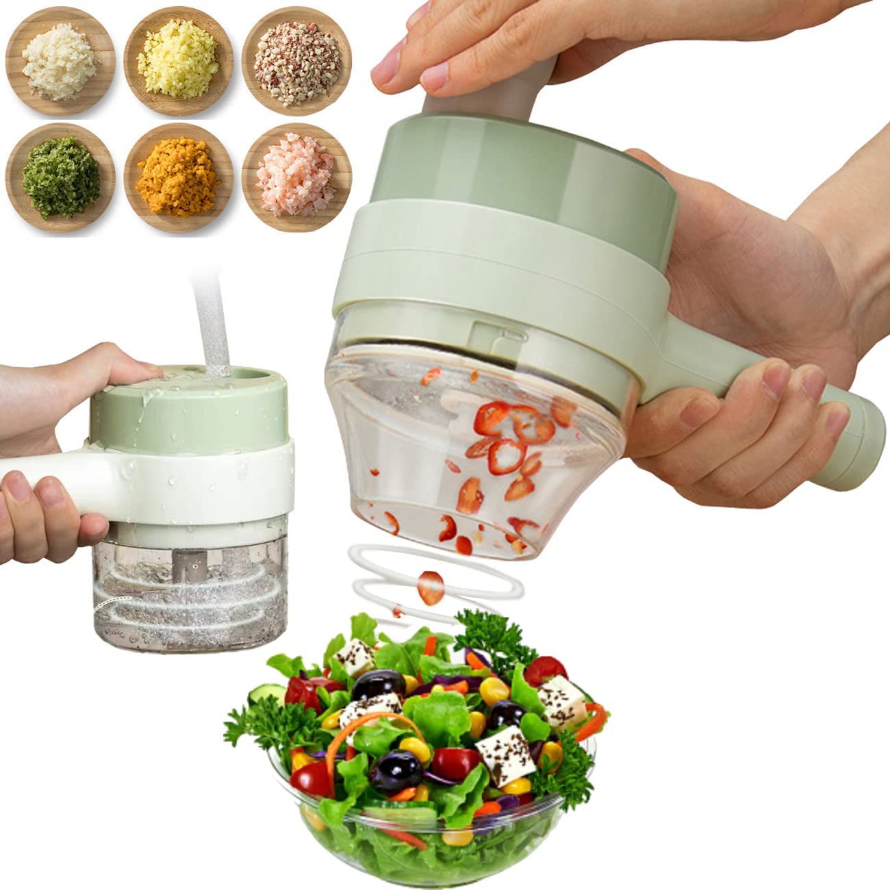 Ayks 4-in-1 Hand Vegetable Cutter Set, Electric Easy Clean for Garlic, Chilli, Onion, Celery, Ginger, Meat, Cordless Food Processor, Garlic Chopper, Press (200ml)