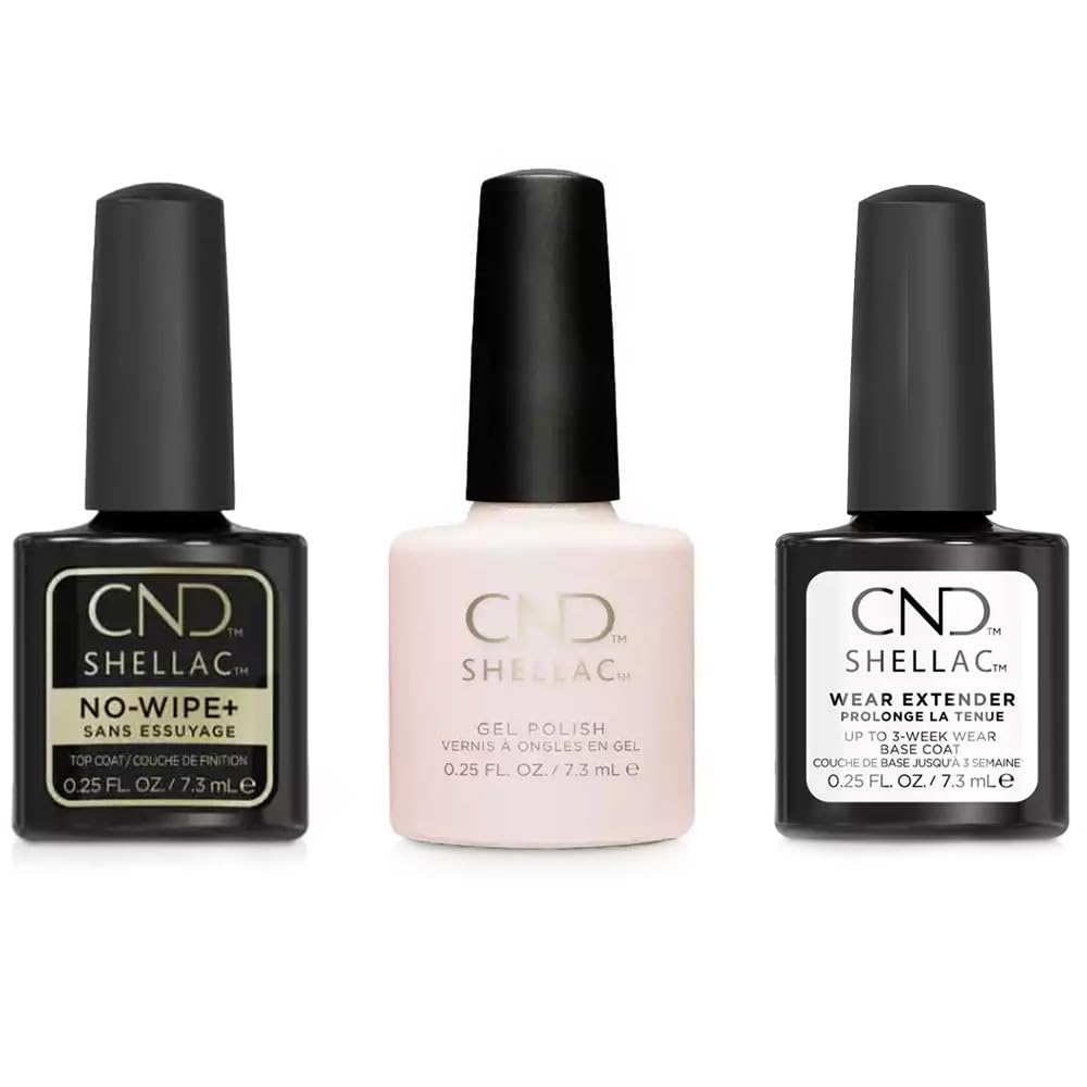 Generic CND Shellac Set: Wear Extender Base Coat 7.3 ml, Top No Wipe+ 7.3 ml & Negligee - Long-Lasting Manicure, High Gloss & Protection
